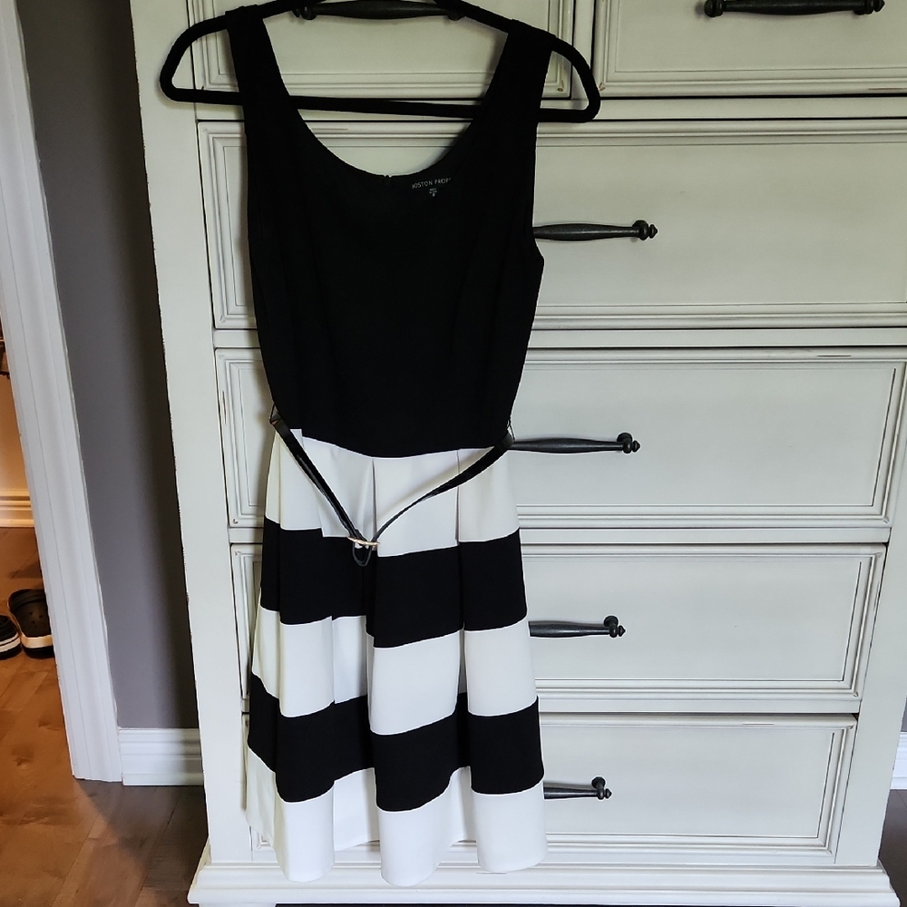 Boston Proper Black and White Fit and Flare Midi Dress